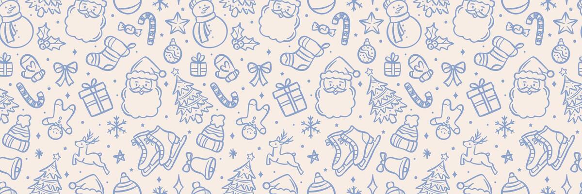 Cute Christmas repeat pattern banner, seamless repeating horizontal background, cartoon doodle illustration festive holiday wallpaper design