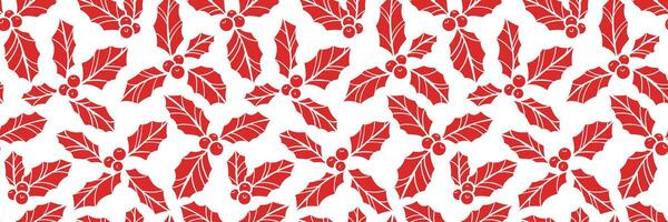 Red Christmas ilex or holly seamless pattern banner, holiday print, wide cover design on vector