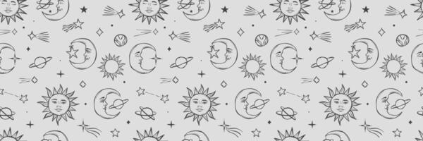 Celestial magical banner, sun and moon cosmic repeat pattern, esoteric spiritual horizontal background design vector