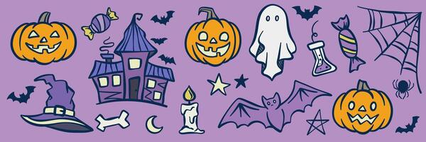 Halloween graphics, cute cartoon clip art set, festive pumpkin lanterns and other decorative elements, hand drawn banner design vector