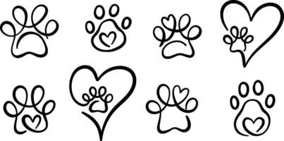 Paw line art swirls, ribbon single line logo design, dog foot print elegant illustration set vector