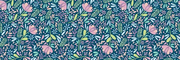 Dark colorful flower pattern banner, seamless repeating flower background, wide horizontal wallpaper design vector