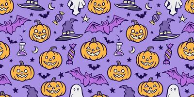 Halloween background, cute pattern with cartoon illustrations, seamless repeating wallpaper design vector