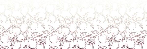 Red white apple line art illustration gradient banner, promotional horizontal background with fruits, seamless repeating footer frame design, vector