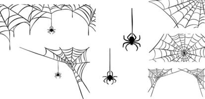 Spider web clip art set, line art illustrations, Halloween banner elements, isolated vector