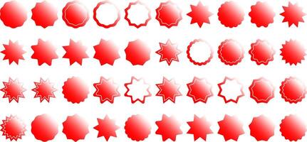 Red gradient starburst badges, vintage label design, promotion or sale tags, abstract geometric shape set, vector