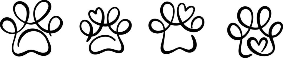 Paw logo set, line art shapes single line ink illustration swirl design, flat clip art vector