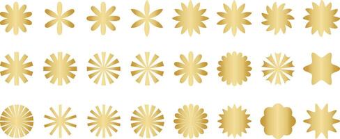 Abstract retro gold shapes, gradient metallic geometric shape set, sunburst badges, vector