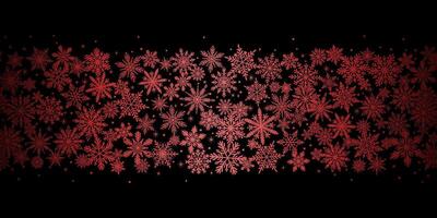 Dark gradient snowflake banner, snow confetti red gradient border on black background, festive winter holiday decorative wallpaper design vector