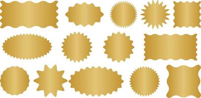 Gold retro badge stickers, shape set, metallic gradient golden label design collection vector