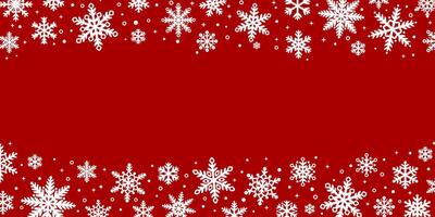 Red winter snowfall background, snowflake border design, festive holiday frame, greeting template vector