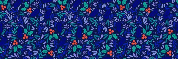 Holly ilex winter foliage repeat pattern banner, seamless background, horizontal print vector