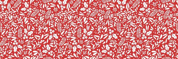 Holly ilex winter foliage pattern, red and white festive holiday seamless repeating border, Christmas horizontal background print design vector