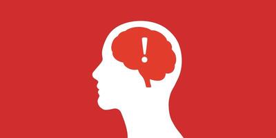 Human head silhouette with brain, red exclamation mark danger or error concept design, man profile illustration vector