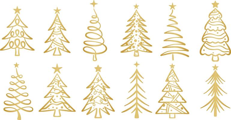 Gold gradient Christmas tree illustration set, decorative holiday clip art element collection