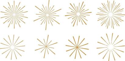 Starburst set, gold line art radial starburst shape set, burst clip art illustration, abstract fireworks, isolated vector