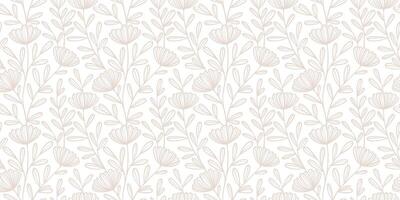 Vintage line art daisy white beige floral print background, seamless repeating climbing flower pattern, light neutral background design vector