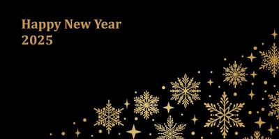Happy New Year black and gold greeting, elegant festive background with snowflakes, geometric invitation temple vector