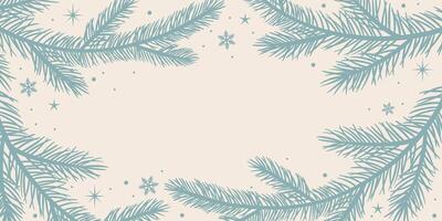 Winter holiday background with empty space, pine branch illustration, Christmas tree frame with snow flakes, pastel elegant wallpaper design vector