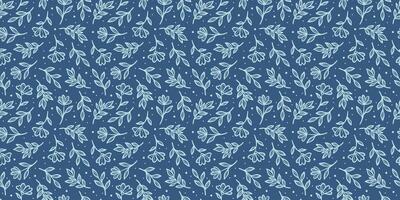 Dark blue ditsy floral print, seamless repeating flower pattern, horizontal background illustration or wallpaper vector