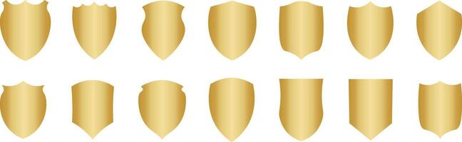 Golden gradient metallic shield silhouettes set, isolated vector