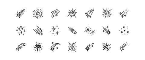 Doodle stars, comets, asteroids icon set. Hand drawn line cosmic starry sky elements. Glitter, spark, twinkle sketch cute illustrations. Pen and crayon scribbles. Space galaxy starburst vector