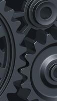 A close-up perspective showcases a series of rotating interlocking metal gears, highlighting the precise engineering and the complexity of mechanical design in machinery. vertical footage video