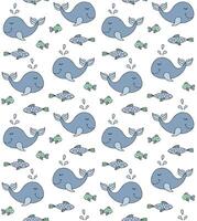 Seamless pattern of doodle fish and whale vector