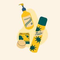 Different types of shampoos. Dry and solid shampoo. vector