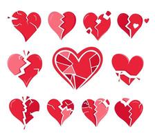 Broken hearts set. Collection of red distressed cracked hearts for St. Valentine's Day design, printing, stickers, . Broken relationship concept vector