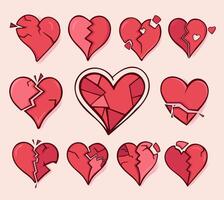 Cracked heart icons set. Collection of red distressed broken hearts symbolizing broken grief, sadness, devastation. Broken relationship concept vector