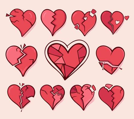 Cracked heart icons set. Collection of red distressed broken hearts symbolizing broken grief, sadness, devastation. Broken relationship concept