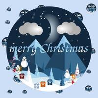 A whimsical winter wonderland unfolds within a circular frame, where a starlit sky meets a snowy landscape. vector