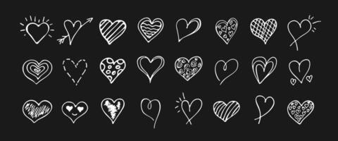 Doodle Heart Set. Collection Hand Drawn Icons. Scribble Markers Shape Isolated on Black Background. Illustration for Pattern, Poster, Valentines Day Card, Scrap booking, graphic design, web. vector