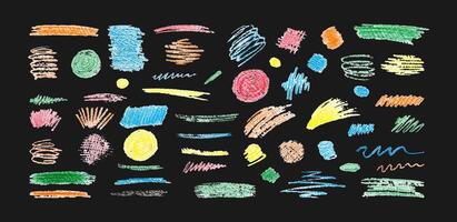 Collection colorful charcoal brush strokes, wavy lines shapes.Hand drawn abstract shapes lines drawn with pencil bright colored charcoal.Circles, scribbles and strokes on Black Background. vector