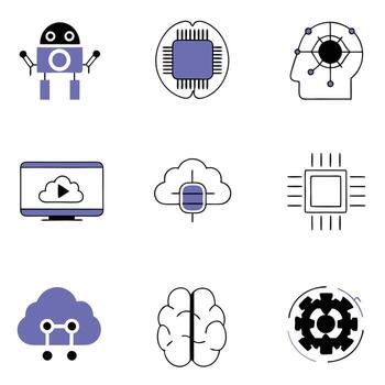 A set of icons that include a computer, a brain, and other devices vector
