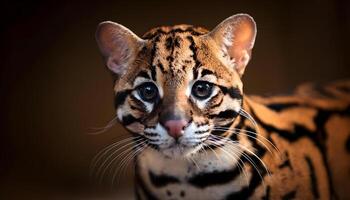 Head of ocelot or Leopardus pardalis in close up, is a medium sized spotted wild cat and largest member of the genus Leopardus photo