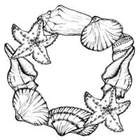 Round frame made of seashells and starfish. Underwater world on outline style. Drawing of mollusk in simple linear style. Stylized graphics. Line art seabed landscape for design label, postcards vector