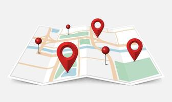 Folded paper city map with red pin pointer, illustration vector