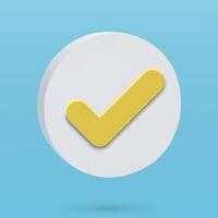 3d check icon, checklist tick, done mark. realistic plastic style checkmark, symbol of selection, confirmation or approval. illustration vector