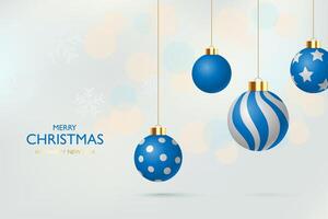 Merry christmas greeting design. Christmas balls hanging , shiny and glossy elements in snowflakes pattern elegant background vector