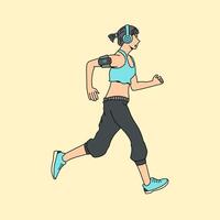 illustration of a woman running with a headset and a cellphone in use, simple concept of sports illustration vector
