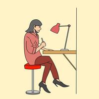 a woman is sitting thinking to write something with a table lamp for lighting, simple cartoon illustration concept vector