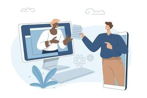 Virtual communication, conference communication, Distance studying and remote working concept, Telephone conversation, Business discussion, Long distance conversation. illustration. vector