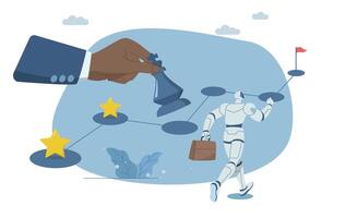 Timeline of ideas on how to overcome problems, Strategic planning process, Using AI to plan project progress steps, Human hand holds the chess and plans the operation. design illustration. vector