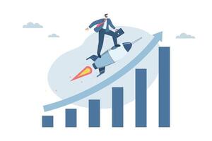 Successful business ideas, Growth or business progress achieves goals beyond expectations, Investments that exceed expectations, Businessman riding a rocket up with a high growing bar graph. vector