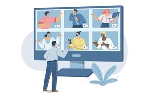 Business meetings, Group conversations using calls, Remote teamwork using online , Friends are talking via conference, Live communication, Remote working with technology. vector