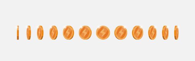 Bronze coin animation with spinning lightning bolt speed design for apps. Metallic symbol rotates in various directions. Flat 3D element for gaming interfaces. Achievement icon in constant motion vector