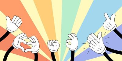 Clapping hands in vibrant groovy doodle style. Hands giving thumbs up and applauding, symbolizing appreciation and success. Cheerful hand drawn celebrating achievement and positivity vector