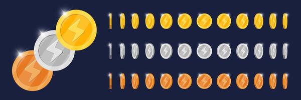 Gold, silver, bronze coin animation spinning in varied directions for game visual. Metallic token with lightning bolt speed symbol rotating smoothly. Moving metal monetary achievement 3D icon vector